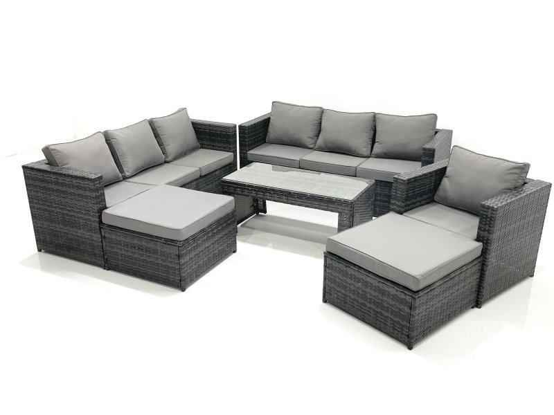 Fimous 9 Seater Rattan Garden Outdoor Furniture Set with 3 Seater Sofa Coffee Table 2 Big Footstool