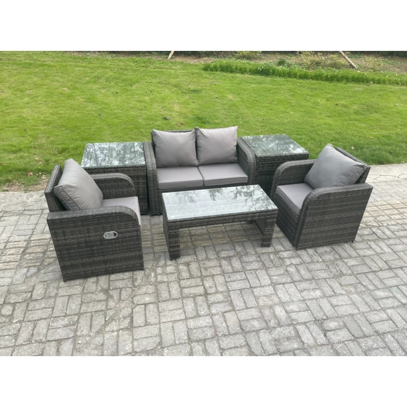 Fimous Rattan Lounge Sofa Set Outdoor Garden Furniture Set with Rectangular Coffee Table Love Sofa 2 Side Tables Dark Grey Mixed