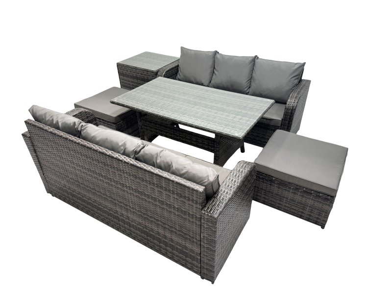 Fimous 8 Seat Outdoor Wicker PE Rattan Garden Furniture Set Dining Table Sofa Set with 2 Big Stool Side Table Dark Grey Mixed