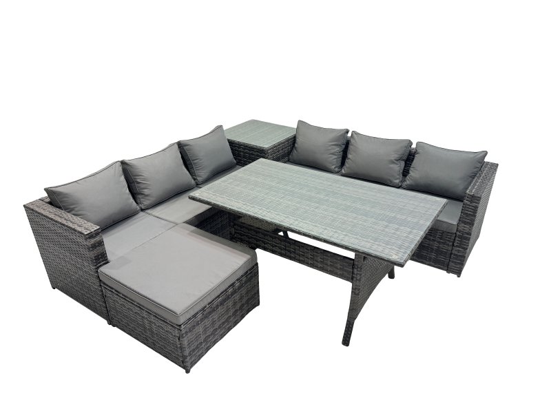 Fimous 7 Seater Outdoor Corner Sofa Dining Table Set Garden Rattan Furniture Set with Side Table Big Stool Dark Grey