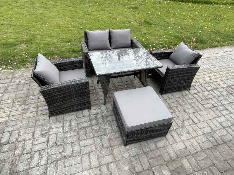Fimous Outdoor Garden Furniture High Back Rattan Sofa Dining Table Set with Big Footstool Dark Grey Mixed