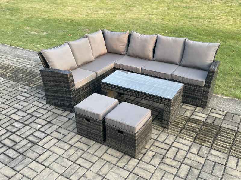 Fimous 8 Seat Rattan Garden Furniture Corner Sofa Set Outdoor Patio Sofa Table Set with 2 Small Footstools Dark Grey Mixed