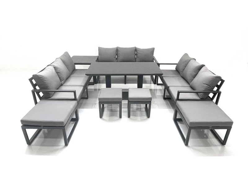 Fimous 13 Seater Garden Sofa Set Aluminium Furniture Rising Dining Tabe Set with Side Table 4 Footstools Dark Grey