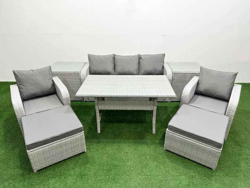 Fimous PE Rattan Garden Furniture Set Reclining Chair Sofa Lounge Sofa Set Rectangular Dining Table 2 Side Table 2 Big Footstool Light Grey