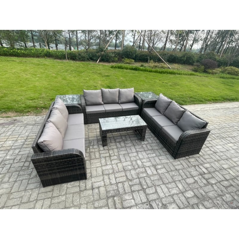 Fimous 9 Seater Outdoor Lounge Sofa Set Rattan Garden Furniture Set with Rectangular Coffee Table 2 Side Tables 3 Seater Sofa Dark Grey Mixed