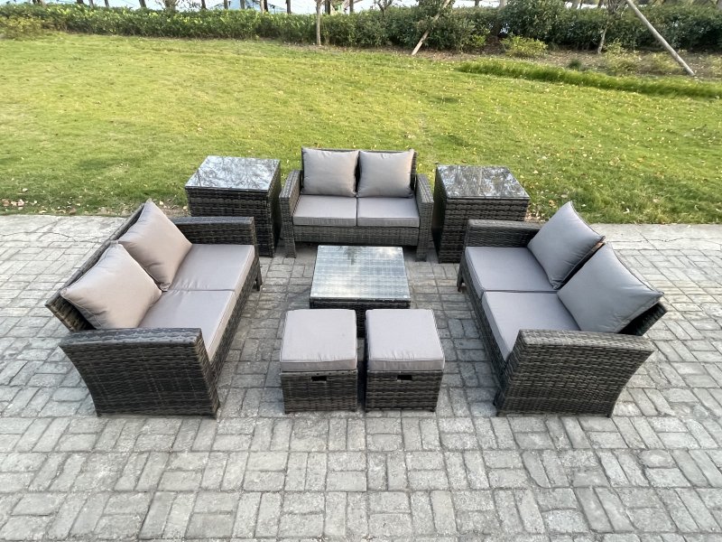Fimous Outdoor Lounge Sofa Set Wicker PE Rattan Garden Furniture Set with Square Coffee Table Double Seat Sofa 2 Small Footstools 2 Side Tables Dark Grey Mixed
