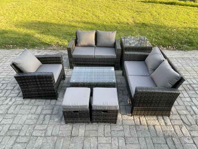 Fimous Rattan Garden Furniture Set 7 Seater Patio Outdoor Lounge Sofa Chair Set with Side Table Rectangular Coffee Table 2 Small Footstools Dark Grey Mixed