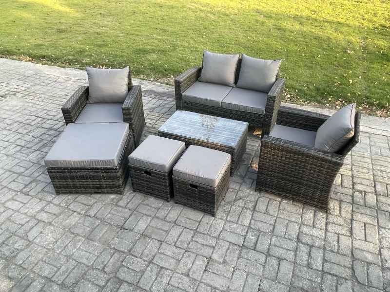 Fimous 7 Seater Outdoor Lounge Sofa Set Wicker PE Rattan Garden Furniture Set with Rectangular Coffee Table Double Seat Sofa 3 Footstools Dark Grey Mixed