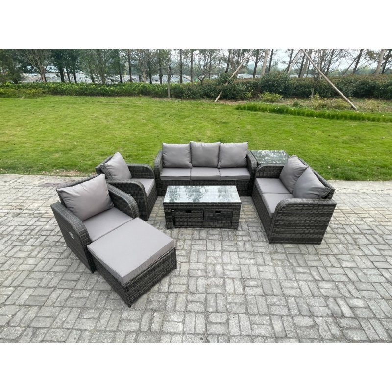 Fimous 10 Seater Outdoor Rattan Garden Furniture Set Rattan Lounge Sofa Set with Rectangular Coffee Table Side Table 3 Footstools Dark Grey Mixed