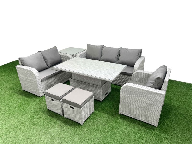 Fimous Patio PE Wicker 8 Seater Outdoor Rattan Furniture Sofa Sets with Adjustable Lifting Dining or Coffee Table Reclining Chair Loveseat Sofa 3 Seater Sofa Stool Side Table Light Grey