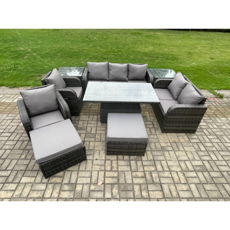 Fimous Outdoor Rattan Furniture Garden Dining Set Patio Height Adjustable Rising lifting Table Reclining Chair Sofa With 2 Side Tables 2 Big Footstools