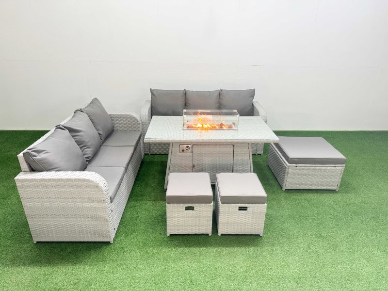 Fimous Outdoor Garden Furniture Sets 9 Seater Wicker Rattan Furniture Sofa Sets with Firepit Dining Table high Back Lounge Sofa 3 Stools Light Grey