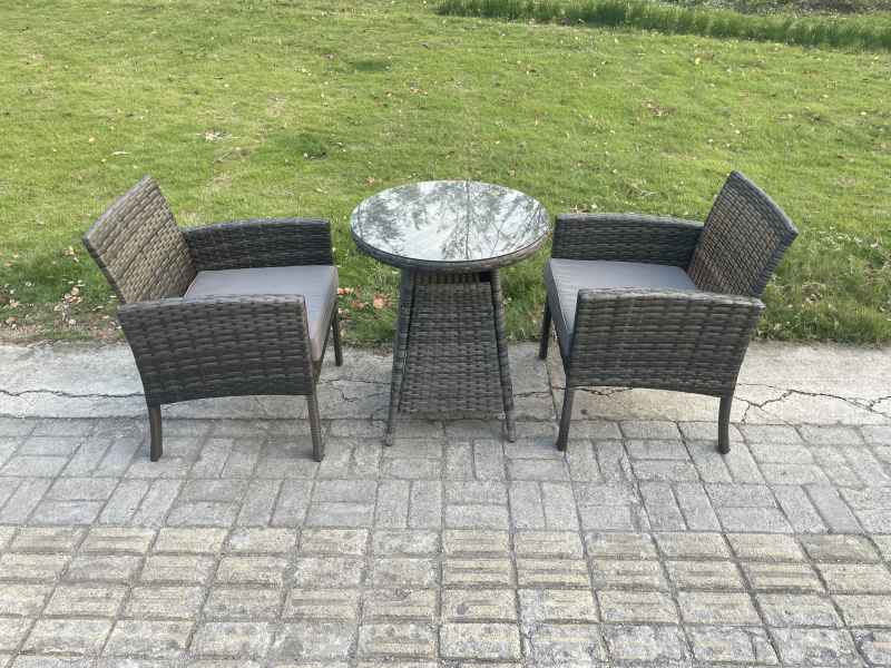 Fimous Wicker PE Outdoor Rattan Garden Furniture Arm Chair And Table Dining Sets 2 Seater Small Round Table Dark Grey Mixed