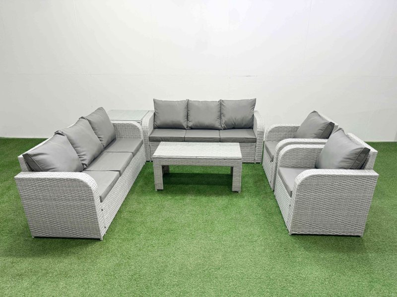 Fimous PE Rattan High Back Lounge Sofa Set Patio Oblong Coffee Table & Chairs Set with 3 Seater Sofa Reclining Chair Side Table Light Grey