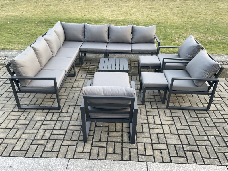 Fimous 13 Seater Outdoor Garden Furniture Set Aluminium Lounge Corner Sofa Square Coffee Table 3 Pcs Chair Sets with 3 Footstools Dark Grey