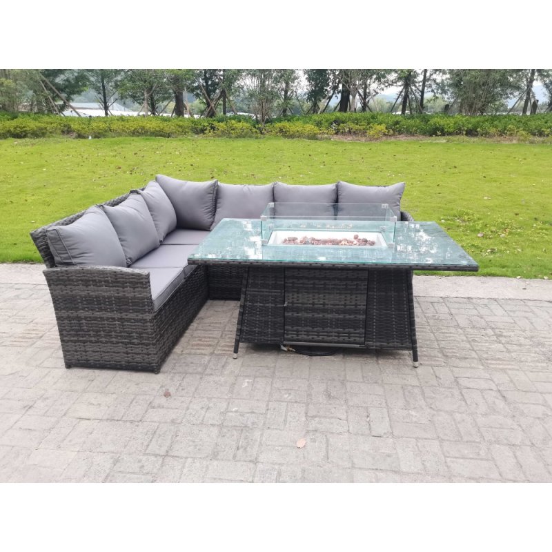 Fimous High Back Corner Rattan Garden Furniture Sofa Gas Fire Pit Dining Table Gas Heater Sets 6 Seater