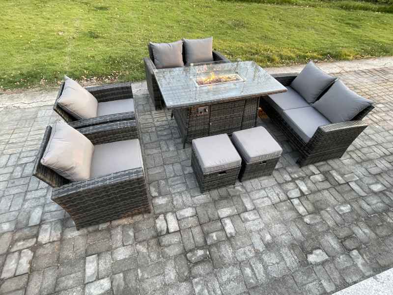 Fimous Wicker PE Rattan Garden Furniture Sets Patio Outdoor Gas Firepit Dining Table Heater Set with Double Seat Sofa 2 Small Footstools Dark Grey Mixed