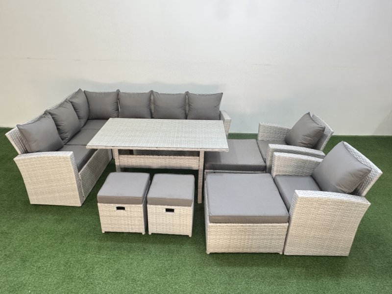 Fimous 12 Seater Rattan Garden Furniture Set Outdoor Patio Dining Corner Sofa Sets with Dining Table 2 Chairs 4 Footstools Light Grey Mixed