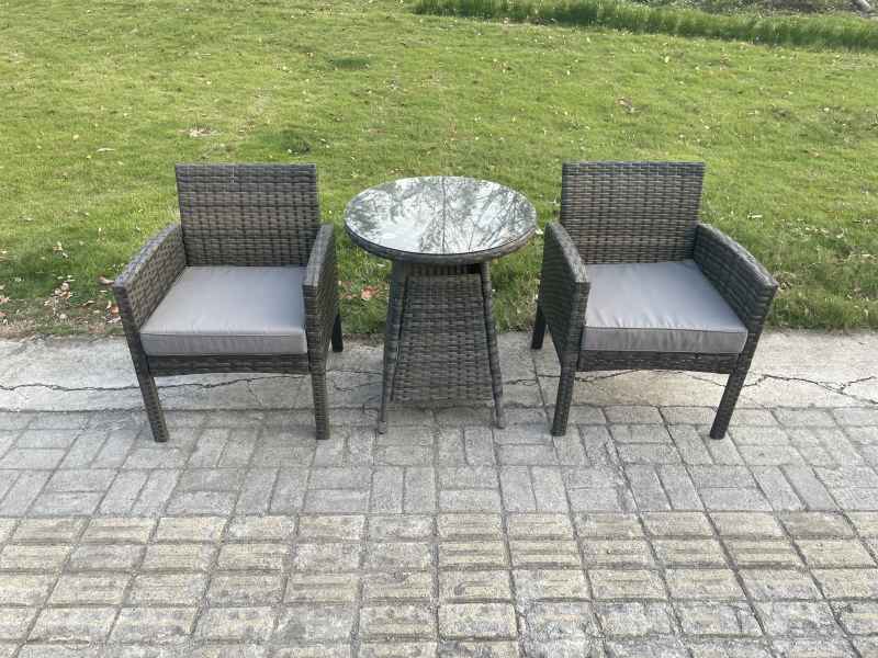 Fimous Wicker PE Outdoor Rattan Garden Furniture Arm Chair And Table Dining Sets 2 Seater Small Round Table Dark Grey Mixed