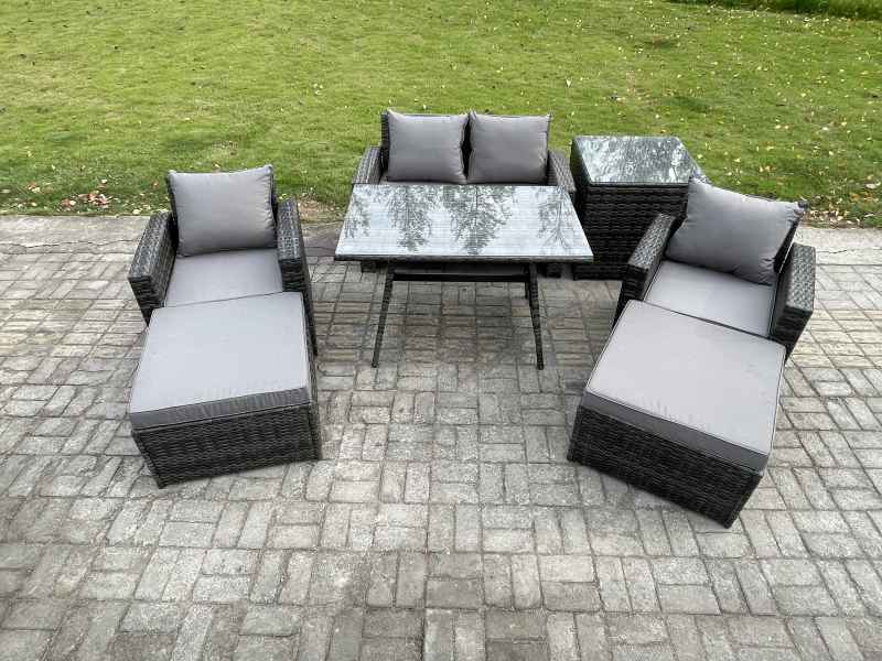 Fimous Rattan Wicker Garden Furniture Patio Conservatory Sofa Set with Rectangular Dining Table Armchair 2 Seater Sofa 2 Big Footstool Side Table