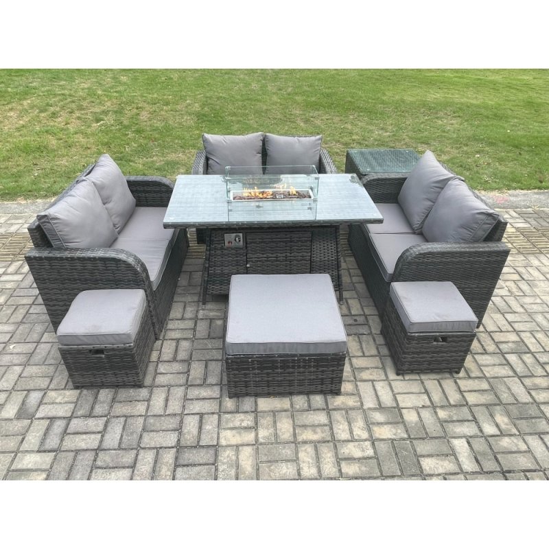 Fimous 9 Seater Outdoor Rattan Furniture Garden Dining Set Gas Fire Pit Table with Side Table Love Sofa 3 Footstools Dark Grey Mixed