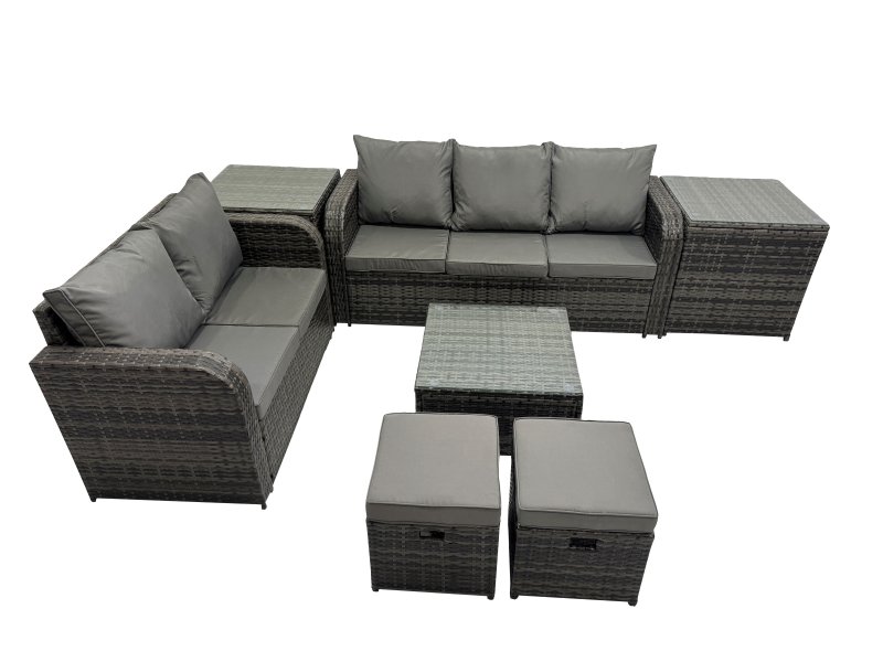 Fimous Wicker PE Rattan Garden Outdoor Furniture Set Love Sofa Square Coffee Table Set with 2 Side Tables 2 Small Stools Dark Grey Mixed
