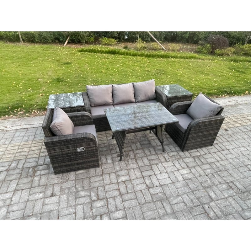 Fimous Rattan Wicker Garden Furniture Patio Conservatory Sofa Set with Rectangular Dining Table Reclining Chair 3 Seater Sofa 2 Side Tables