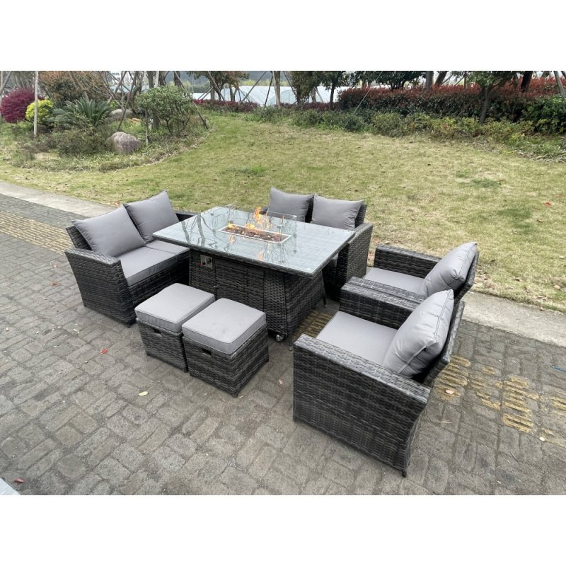Fimous Rattan Outdoor Furniture Gas Fire Pit Rectangle Dining Table Gas Heater Chairs Two Seater Love Sofa Sets Footstools 8 Seater