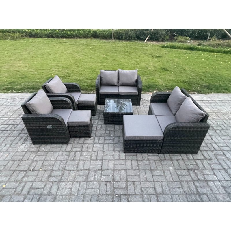 Fimous Garden Furniture Set Rattan Outdoor Lounge Sofa Chair With Tempered Glass Table 3 Footstools Dark Grey Mixed