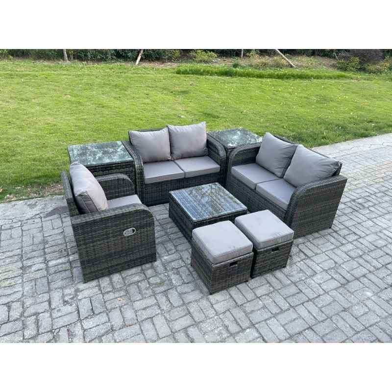 Fimous PE Rattan Garden Furniture Sets Outdoor Love Sofa Chair Set Square Coffee Table 2 Side Tables 2 Small Footstools