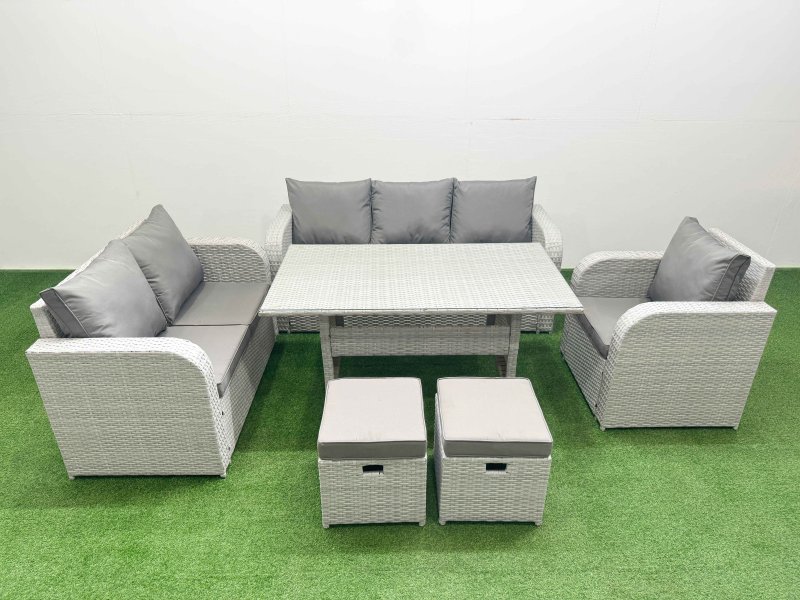 Fimous Patio PE Wicker 8 Seater Outdoor Rattan Furniture Sofa Sets with Rectangular Dining Table Reclining Chair Loveseat Sofa 3 Seater Sofa Stool Light Grey