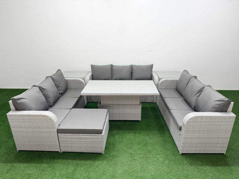 Fimous PE Rattan Lounge Sofa Set 10 Seater Outdoor Garden Furniture Set with Adjustable Lifting Dining or Coffee Table 3 Seater Sofa Big Footstool 2 Side Table Light Grey