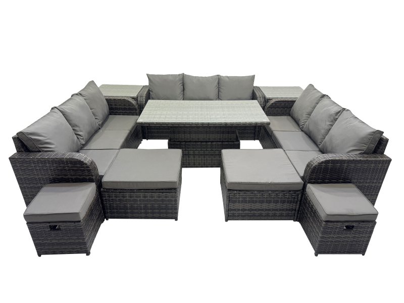 Fimous Rattan Garden Furniture Dining Set 13-seater Patio Height Adjustable Rising Lifting Table Sofa Set with 2 Side Tables Dark Grey Mixed