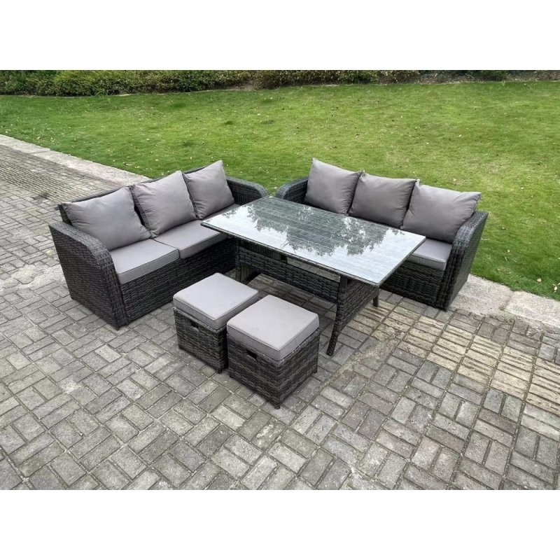 Fimous Dark Grey PE Wicker Rattan Garden Furniture Set Lounge Sofa 3 Seater Sofa Set Outdoor Rectangular Dining Table With 2 Stools 8 Seater
