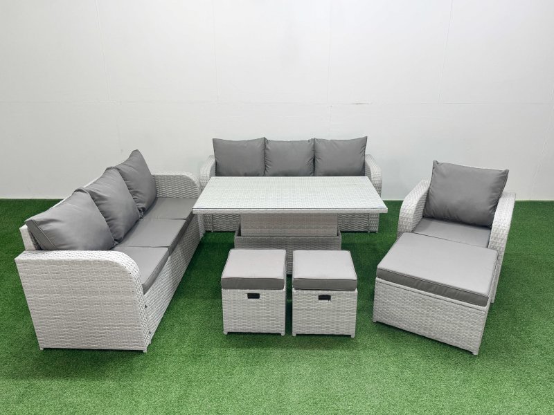 Fimous 10 Seater Poly Rattan Outdoor Garden Furniture Adjustable Lifting Dining or Coffee Table Sofa Set Patio 3 Seater Sofa Reclining Chair 3 Seater Sofa 3 Stools Light Grey