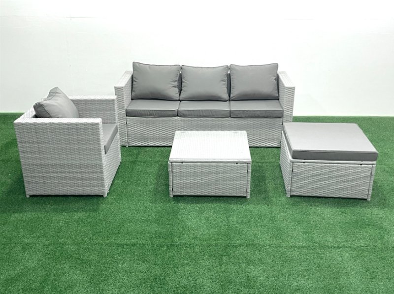 Fimous 5 Seater Rattan Garden Furniture Set with 3 Seater Sofa Chair Square Coffee Table Big Footstool Light Grey Mixed