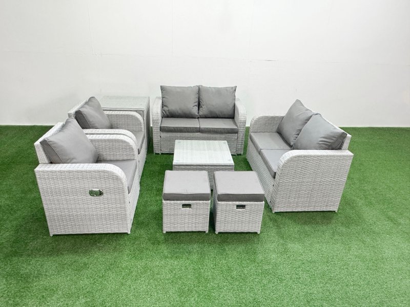 Fimous 8 Seater Outdoor Reclining Chair Love Sofa Set Rattan Garden Furniture Set with Square Coffee Table 2 Stools Side Table Light Grey