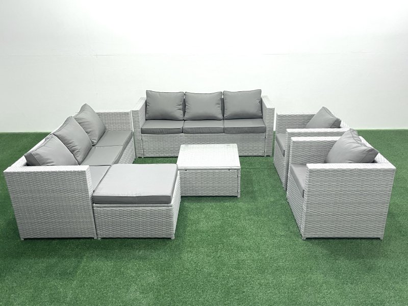 Fimous Outdoor Rattan Sofa Garden Furniture Set with 2 Armchairs Square Coffee Table Big Footstool Light Grey Mixed