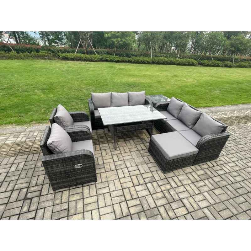 Fimous 7 Piece Rattan Garden Furniture Set with Patio Sofa Rectangular Dining Table Big Footstool Side Table Indoor Conservatory Patio Set