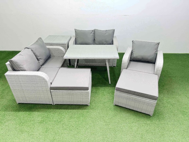 Fimous 7 Seater Outdoor Rattan Garden Furniture Set Love Sofa Reclining Chair Set with Rectangular Dining Table Side Table 2 Big Footstools Light Grey