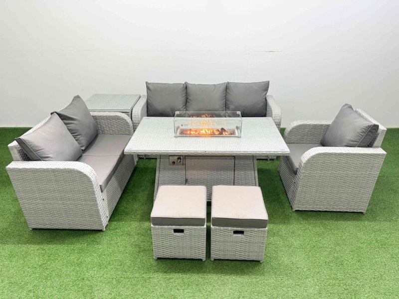 Fimous Patio PE Wicker 8 Seater Outdoor Rattan Furniture Sofa Sets with Firepit Dining Table Reclining Chair Loveseat Sofa 3 Seater Sofa Stool Side Table Light Grey