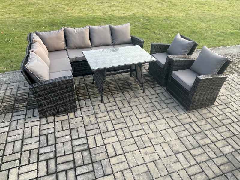 Fimous High Back Outdoor Garden Furniture Set Rattan Corner Sofa Dining Table Set With 2 Armchairs 8 Seater Dark Grey Mixed