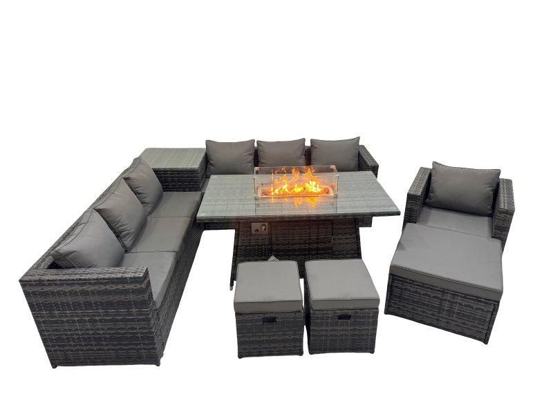 Fimous 10 Seater Garden Outdoor Rattan Furniture Set Patio Corner Sofa Gas Firepit Dining Table with Side Table 3 Stools Dark Grey