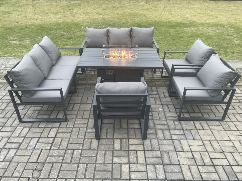 Fimous Aluminium Garden Furniture Outdoor Set Patio Lounge Sofa Gas Fire Pit Dining Table Set with 3 Armchair Dark Grey