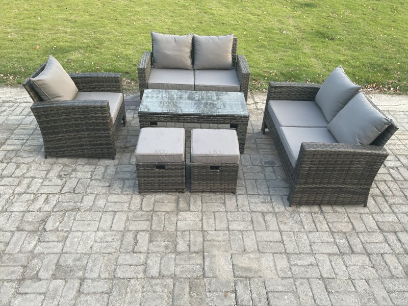 Fimous 7 Seater Rattan Outdoor Garden Furniture Sofa Set with Coffee Table 2 Small Footstool Dark Grey Mixed