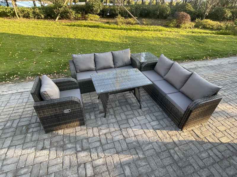Fimous Outdoor Lounge Sofa Set Wicker PE Rattan Garden Furniture Set with Rectangular Dining Table Reclining Chair Side Table Dark Grey Mixed