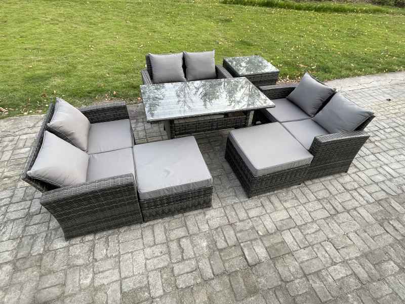 Fimous 8 Seater Wicker PE Rattan Garden Furniture Sets Outdoor Lounge Sofa Set with Oblong Dining Table Double Seat Sofa 2 Big Footstool Side Table Dark Grey Mixed