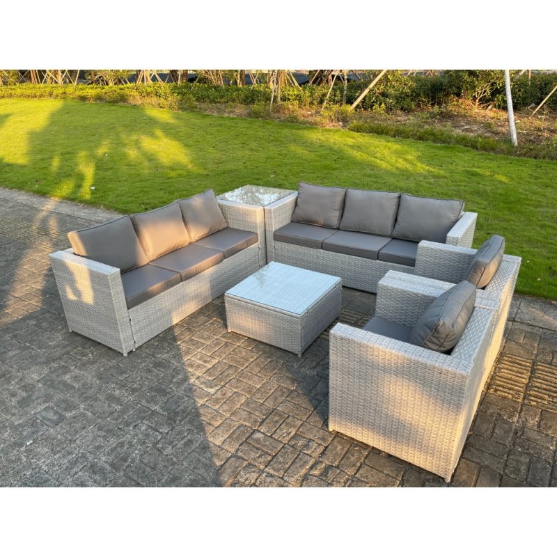 Fimous Light Grey Corner Rattan Garden Outdoor Sofa Set Chairs Sofa Side Table Square Coffee Table 8 Seater