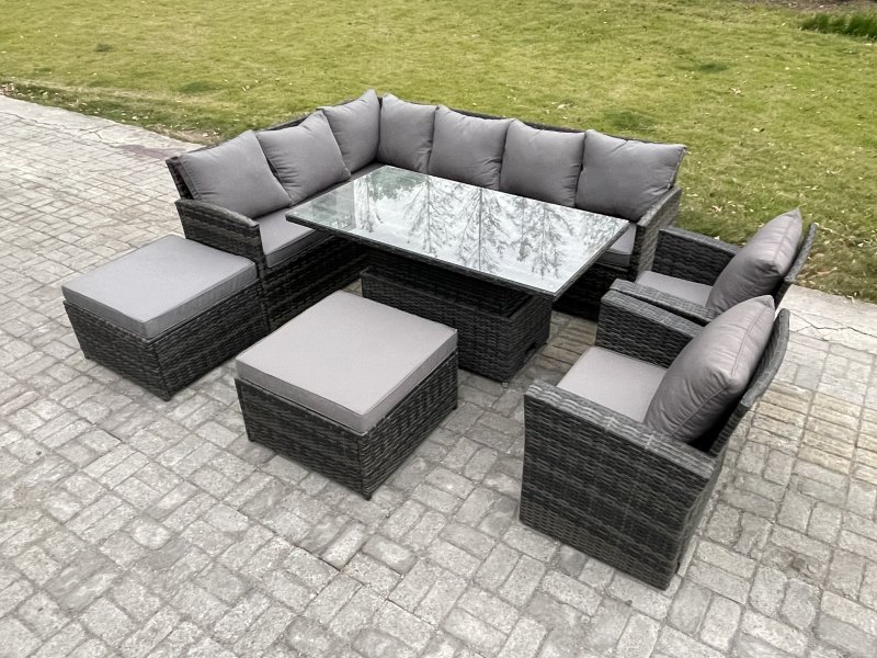 Fimous Outdoor Garden Furniture Set Wicker PE Rattan Height Adjustable Rising Lifting Table Sofa Dining Set with 2 Big Footstool 2 Armchairs Dark Grey Mixed