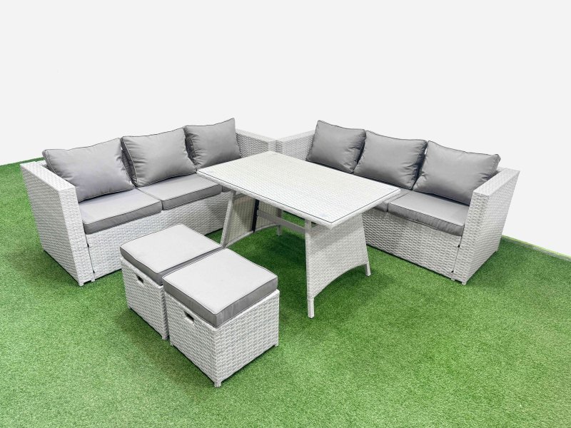 Fimous Rattan Garden Furniture Dining Set 8-seater Patio Rectangular Table 3 Seater Sofa Set with 2 Small Stools Light Grey
